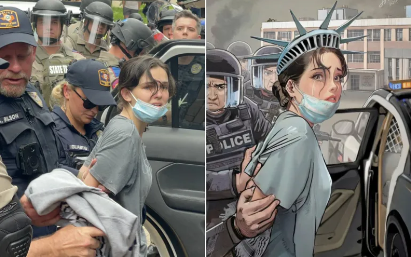 الشرطة الأمريكية تعتقل تمثال الحرية.. كيف تفاعل النشطاء مع احتجاجات الجامعات؟
